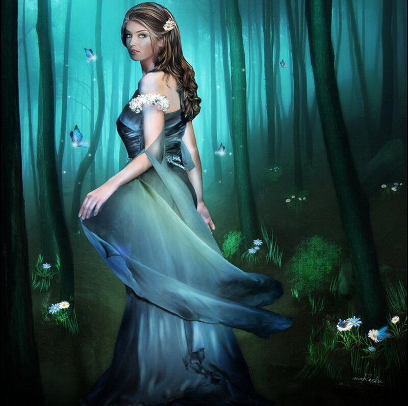 Woman in Forest — Green, Serene, Night, Digital Art, Butterflies