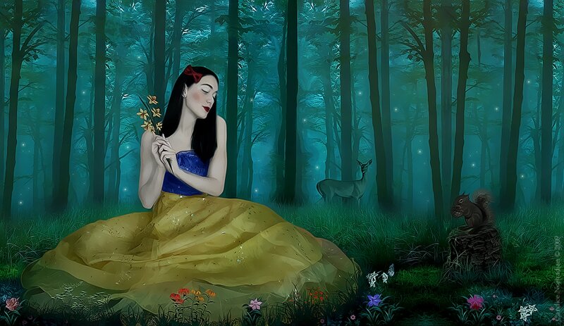 Woman in Forest — Green, Serene, Night, Digital Art, Deer