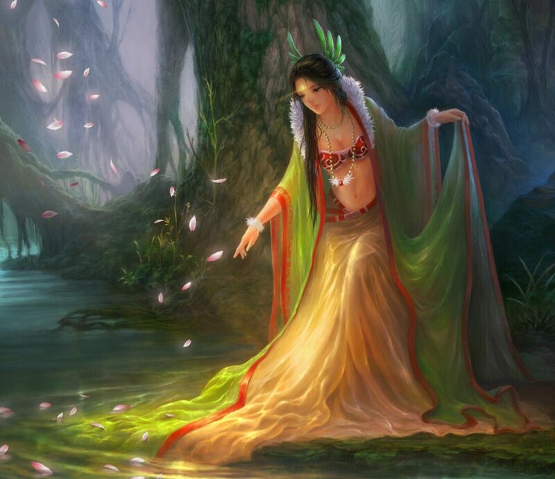 Woman in Forest — Green, Serene, Night, Digital Art, Flowers, River