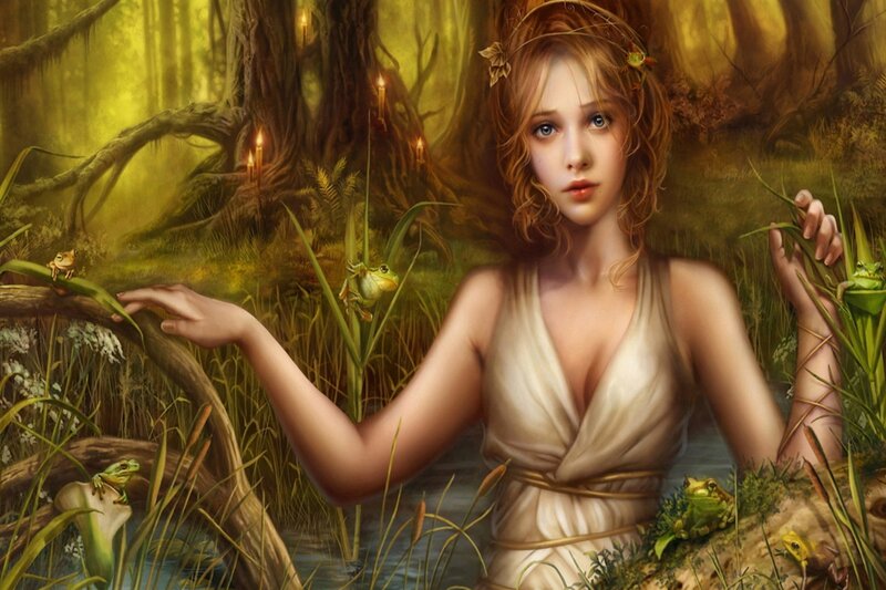Woman in Forest — Green, Serene, Night, Digital Art, Frogs
