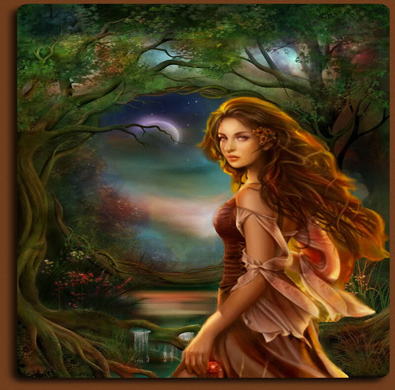 Woman in Forest — Green, Serene, Night