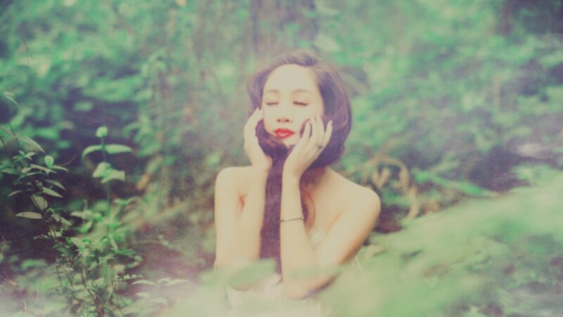 Woman in Forest — Green, Serene, Photograph, Red Lipstick