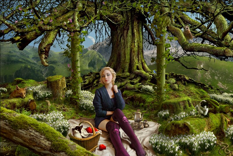 Woman in Forest — Green, Serene, Spring, Digital Art