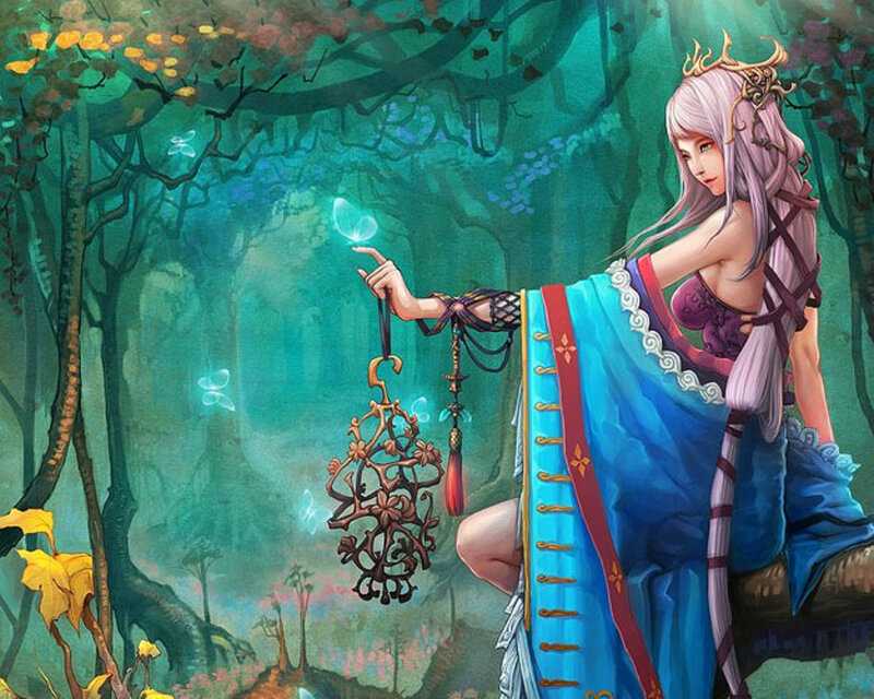 Woman in Forest Holding Lantern — Blue