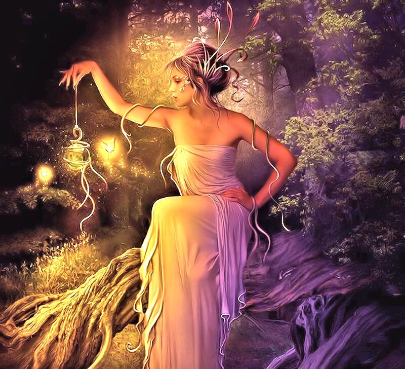 Woman in Forest Holding Lantern — Purple