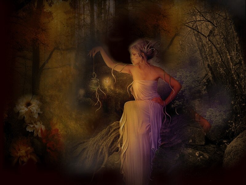 Woman in Forest Holding Lantern