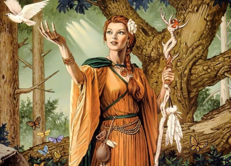 Woman in Forest Holding Staff
