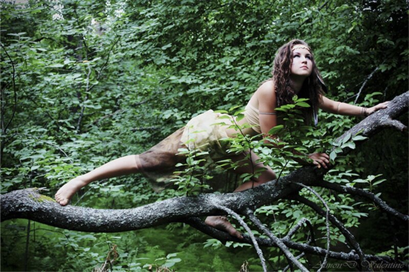 woman in forest on tree branch