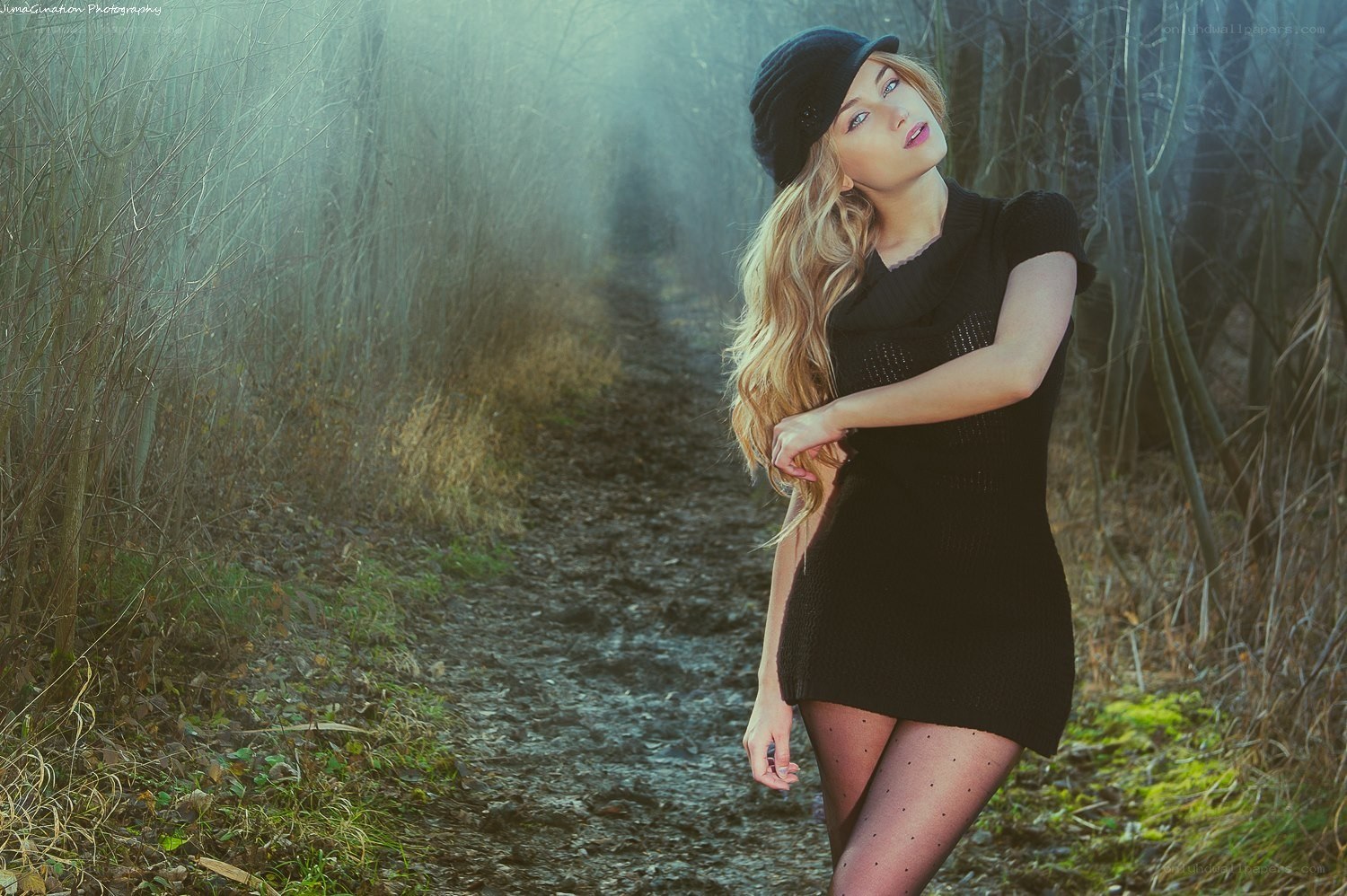 Woman in forest path