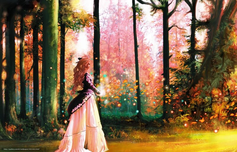 Woman in Forest — Pink, Serene, Autumn, Digital Art