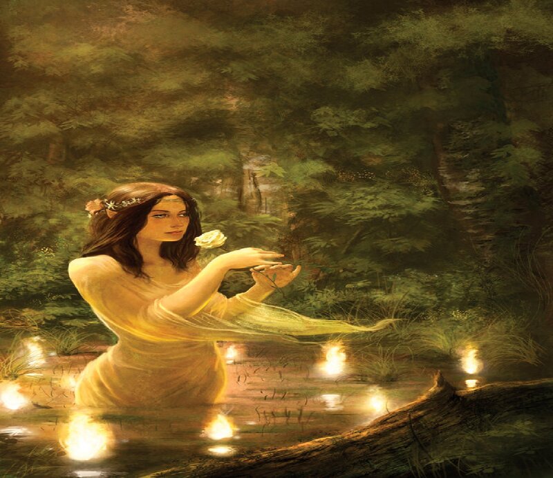 Woman in Forest Pond — Green, Serene, Night, Digital Art, Flower