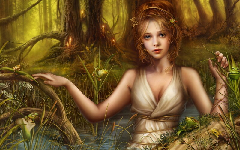 Woman in Forest Pond — Green, Serene, Night, Digital Art, Frogs