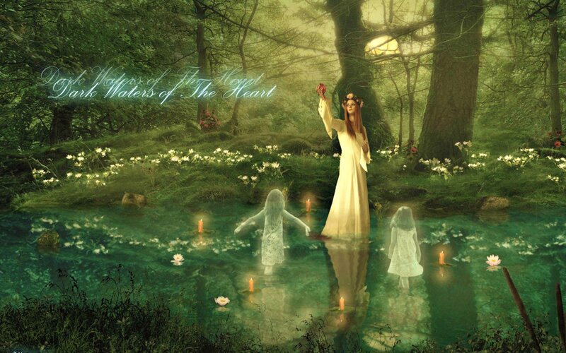 Woman in Forest Pond — Green, Serene, Night, Digital Art, Ghosts