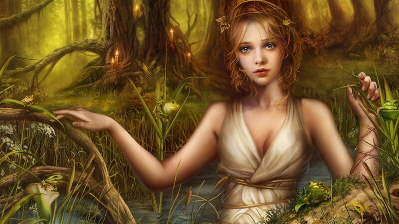 Woman in Forest Pond — Green, Serene, Night, Digital Art