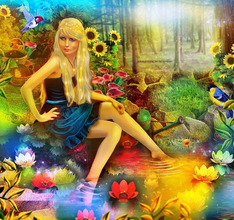 Woman in Forest Pond — Yellow