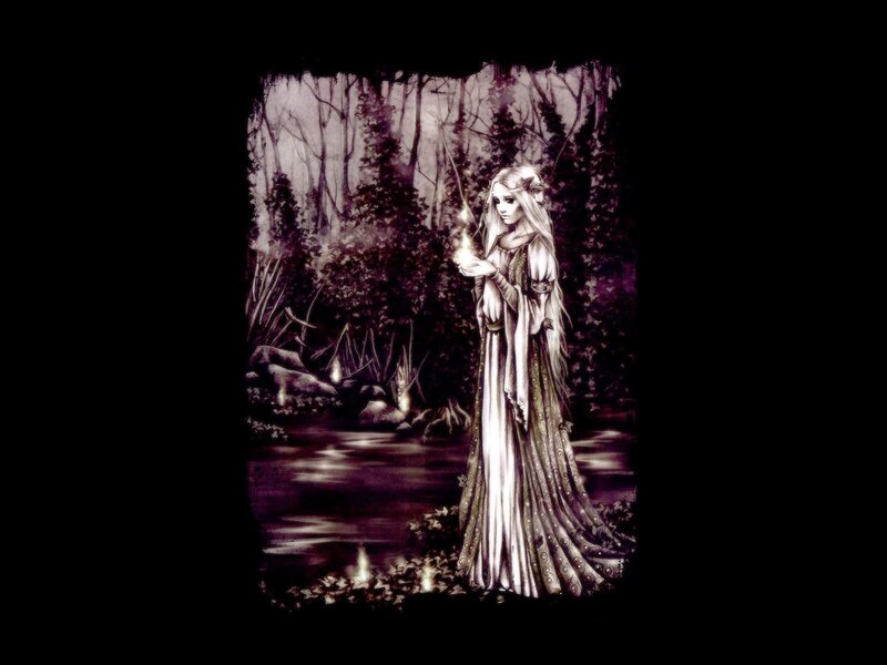 Woman in Forest — Purple, Mysterious, Night, Digital Art, River, Light