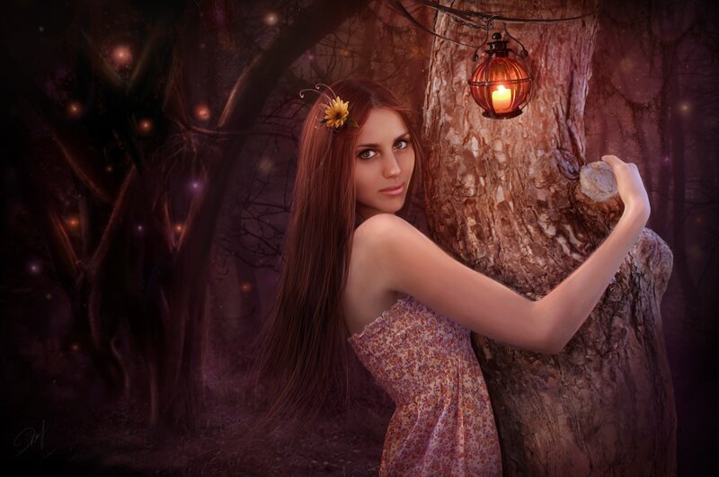 Woman in Forest — Purple, Mysterious, Night, Digital Art