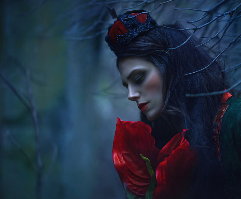 Woman in Forest — Red, Dramatic, Night, Digital Art