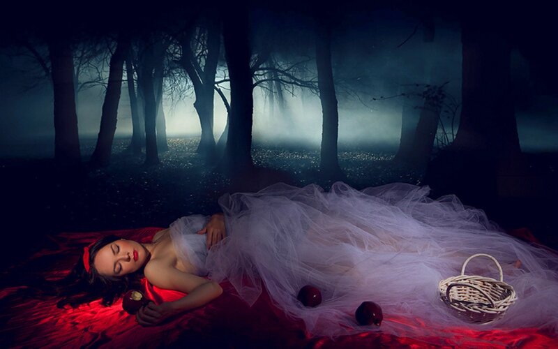 Woman in Forest — Red, Dramatic, Night, Photograph