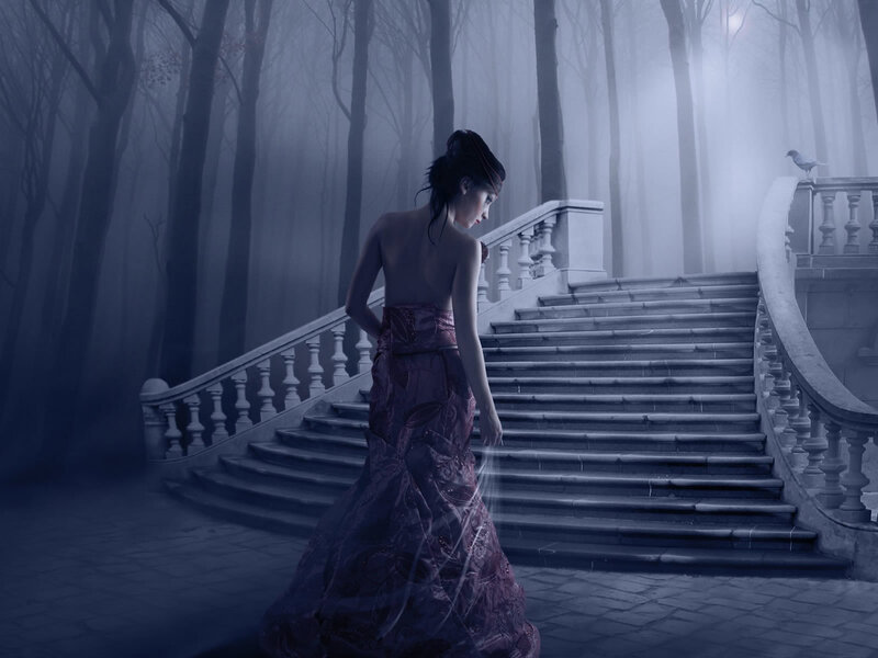 woman in forest staircase