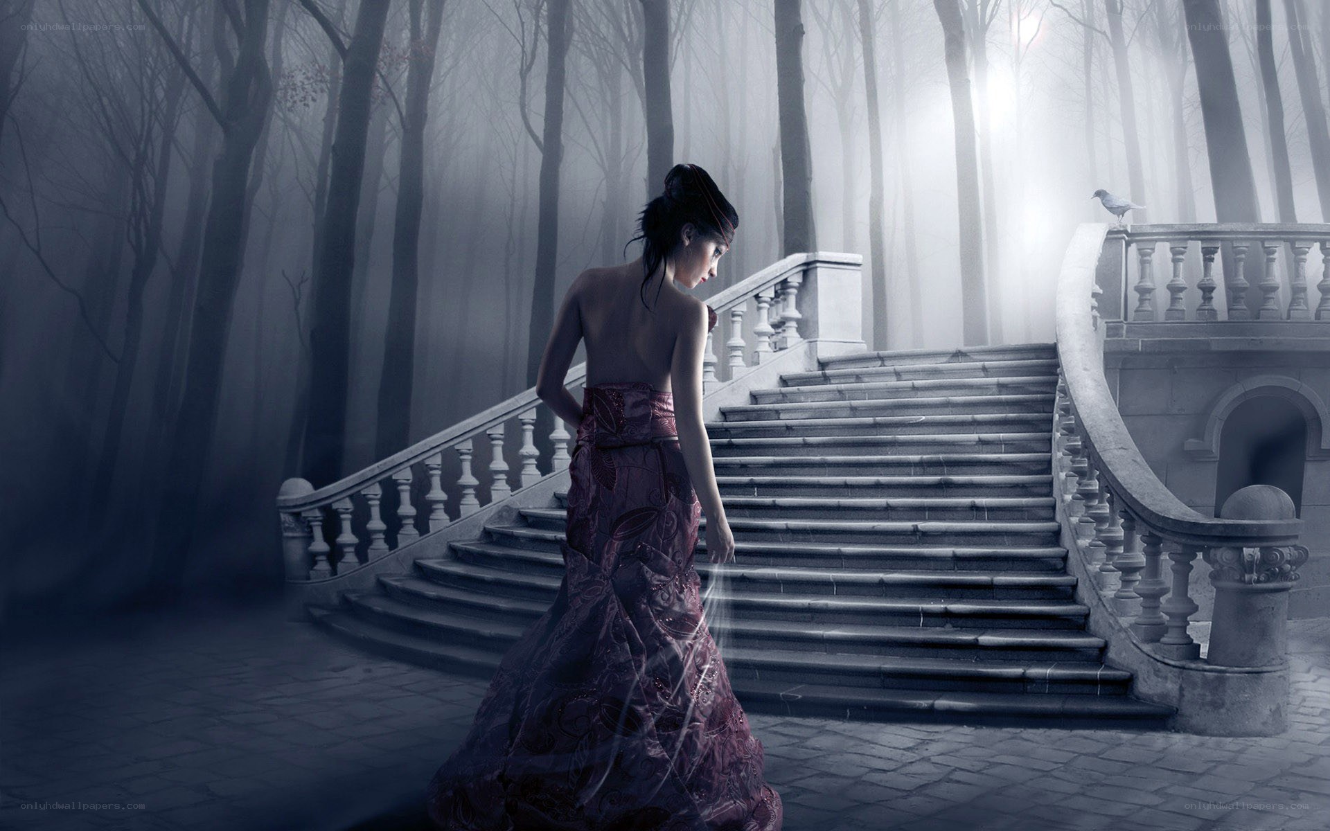 woman in forest staircase