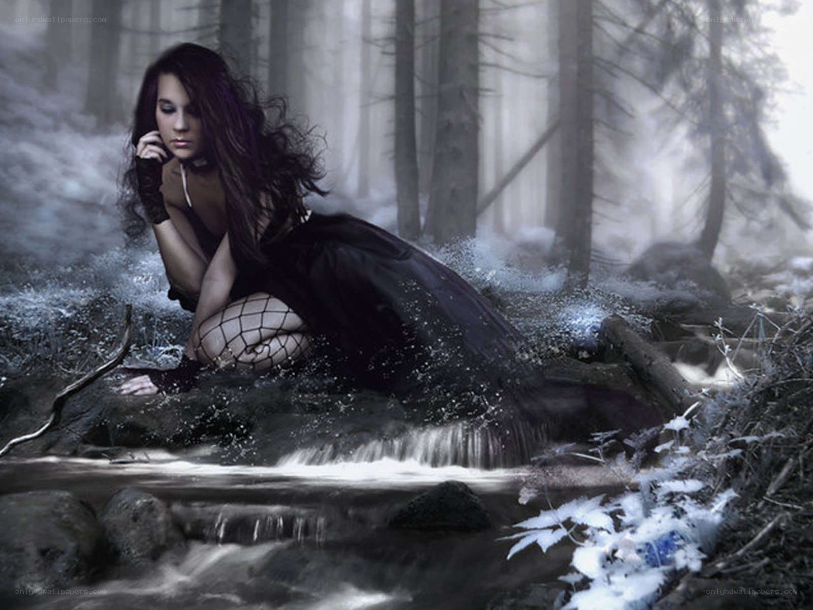 woman in forest stream