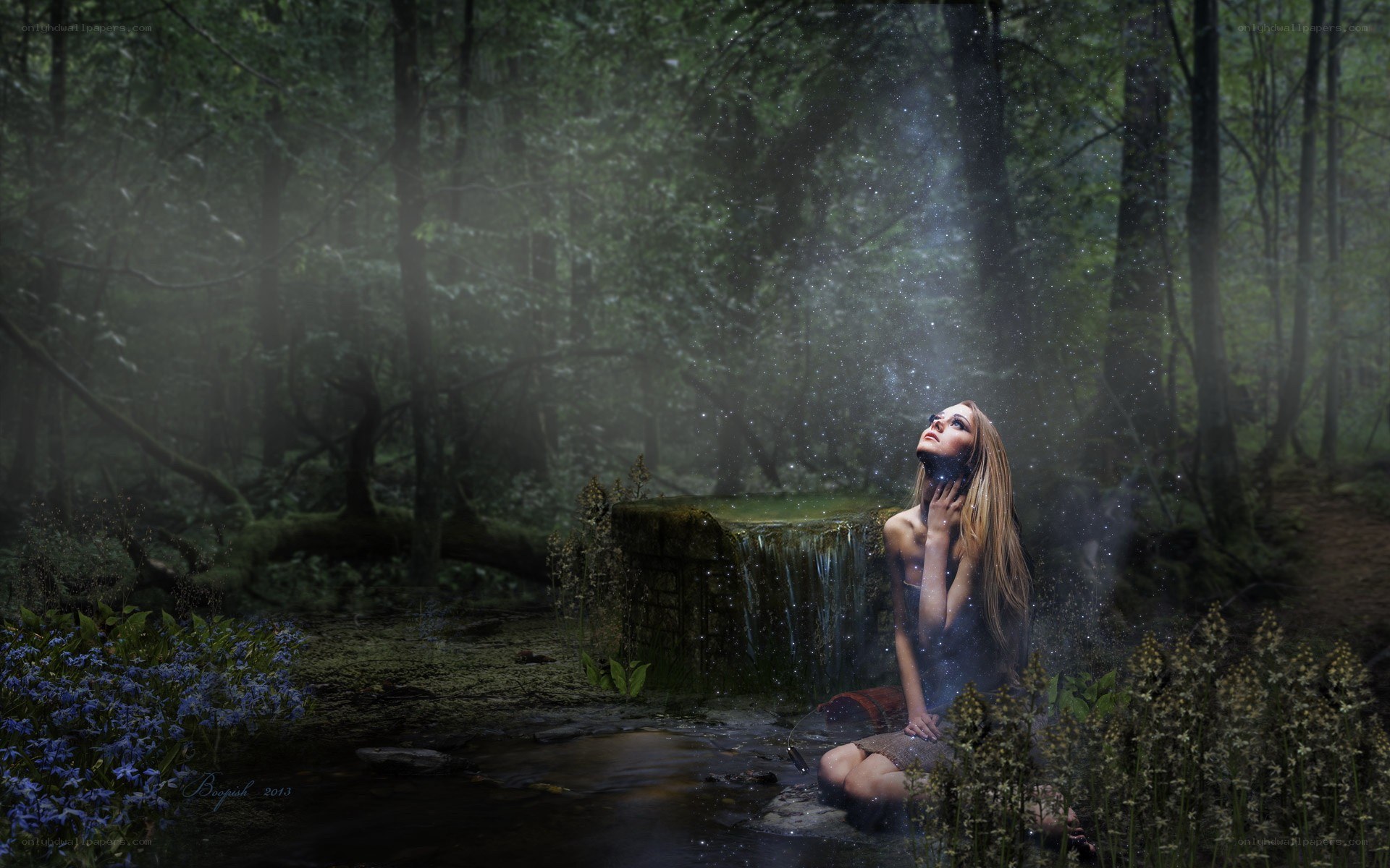 woman in forest stream