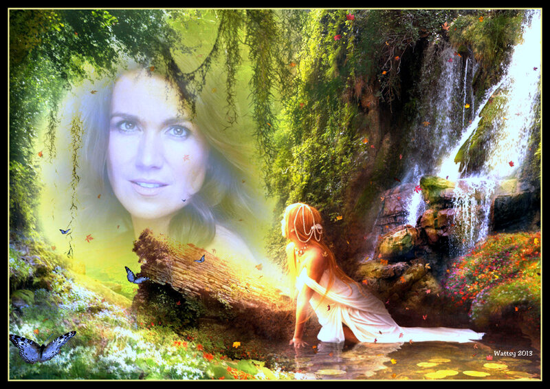 Woman in Forest Stream — Green, Serene, Afternoon, Digital Art