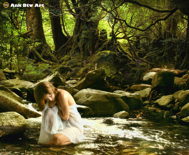 Woman in Forest Stream — Green, Serene, Afternoon, Photograph