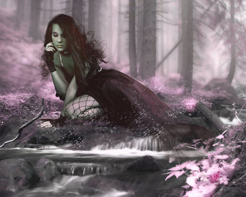 Woman in Forest Stream — Purple