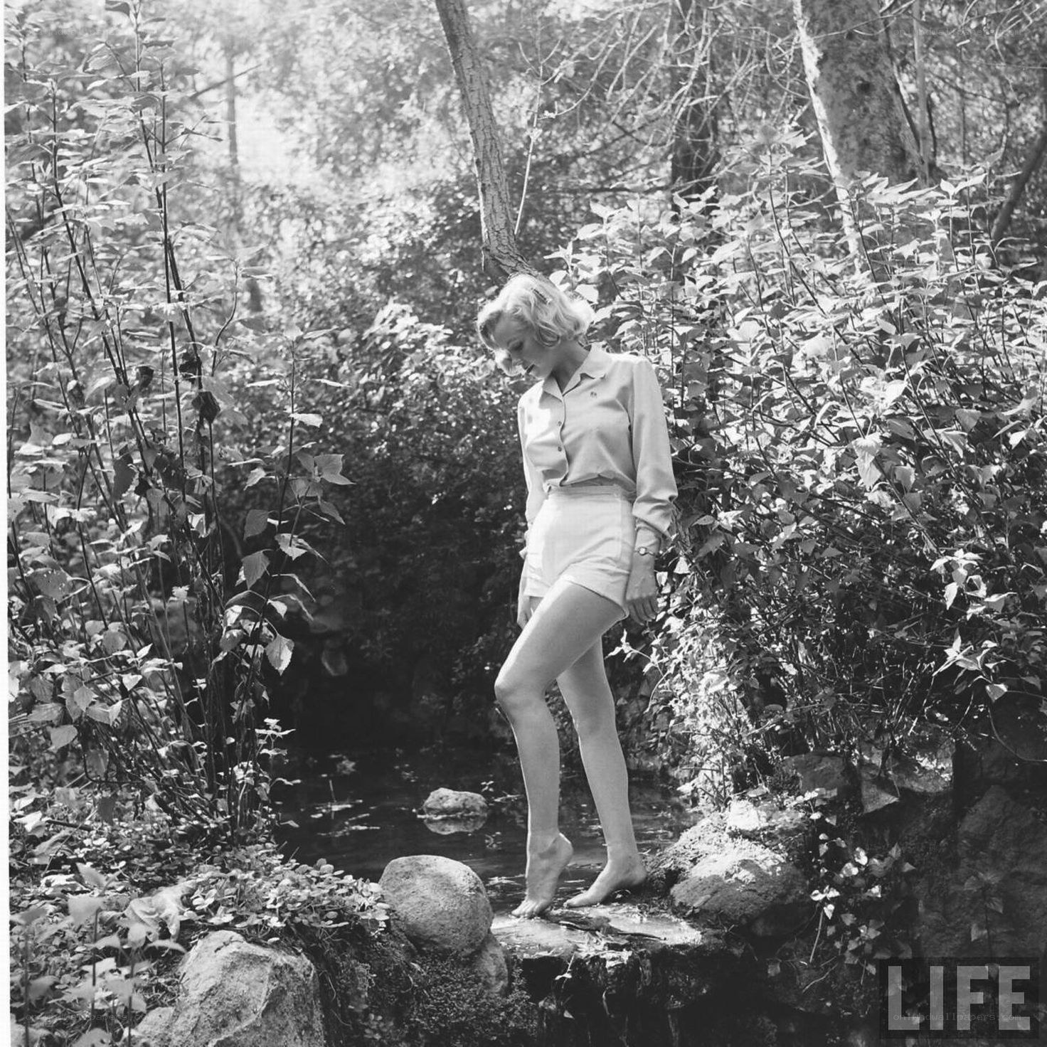 woman in forest stream