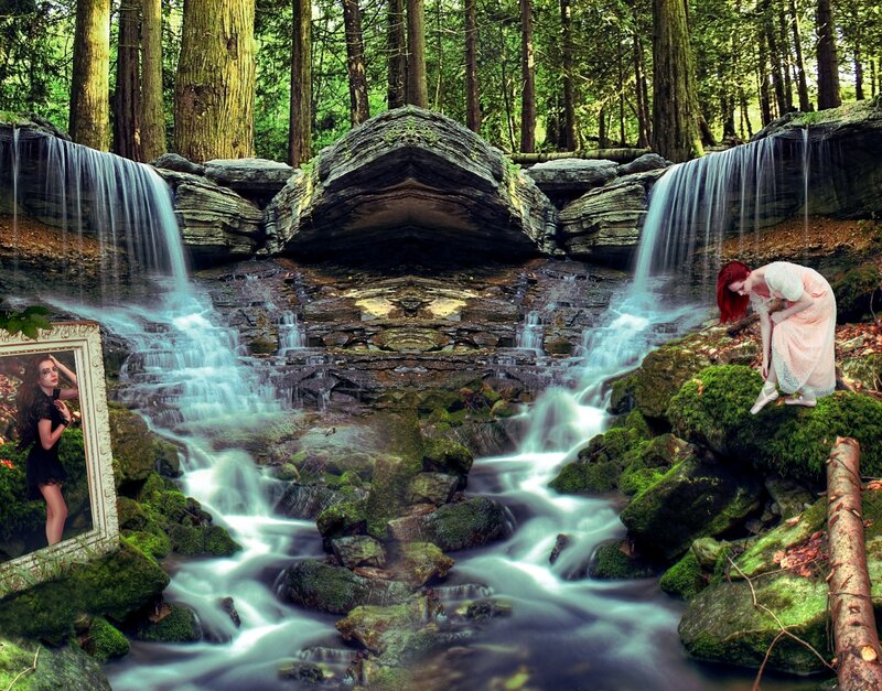 Woman in Forest Waterfall — Green