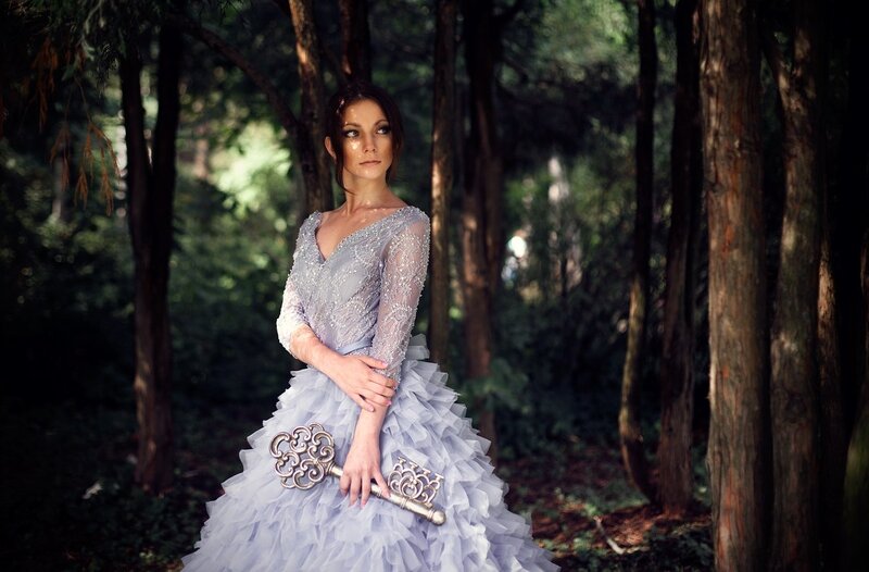 Woman in Forest — White, Dramatic, Afternoon