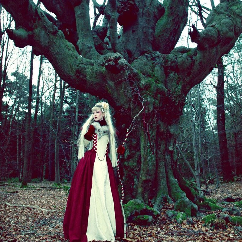 Woman in Forest — White, Dramatic, Autumn, Photograph
