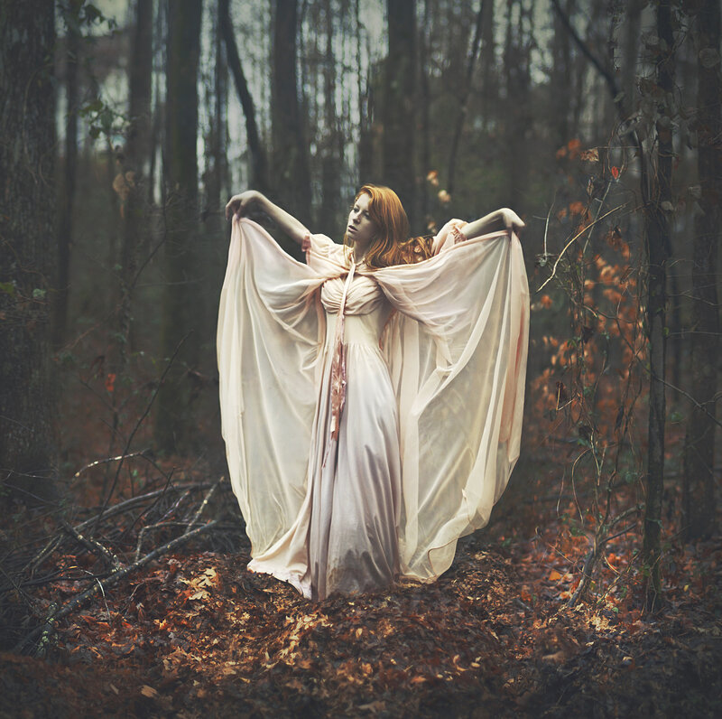 Woman in Forest — White, Dramatic, Autumn