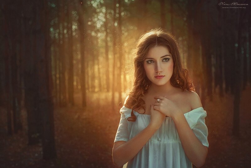 Woman in Forest — White, Dramatic, Sunset, Photograph