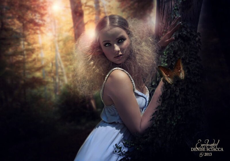 Woman in Forest — White, Dramatic, Sunset