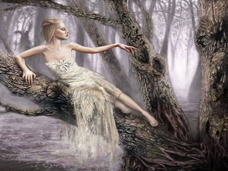 Woman in Forest — White, Serene, Digital Art