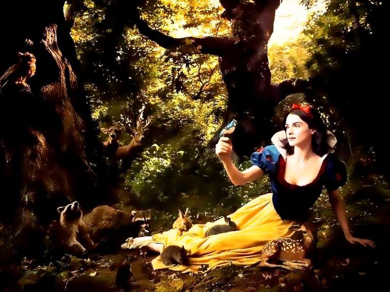 Woman in Forest with Animals — Yellow