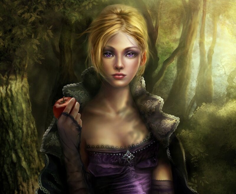 woman in forest with apple