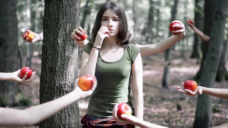 Woman in Forest with Apples — Green, Dramatic