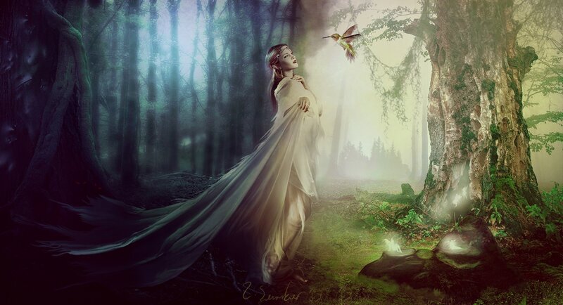 Woman in Forest with Bird — Green, Serene