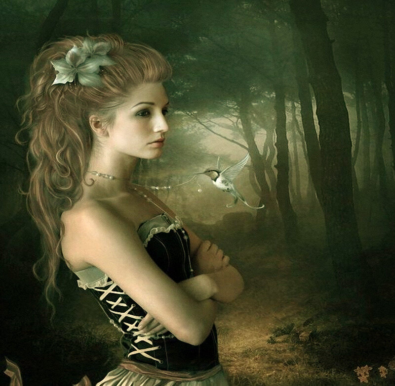 Woman in Forest with Bird — Green