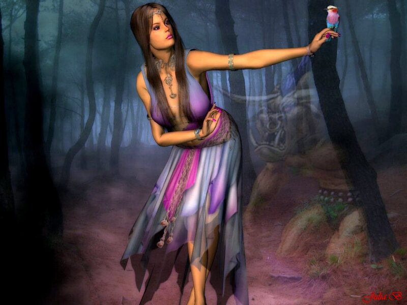 Woman in Forest with Bird — Purple