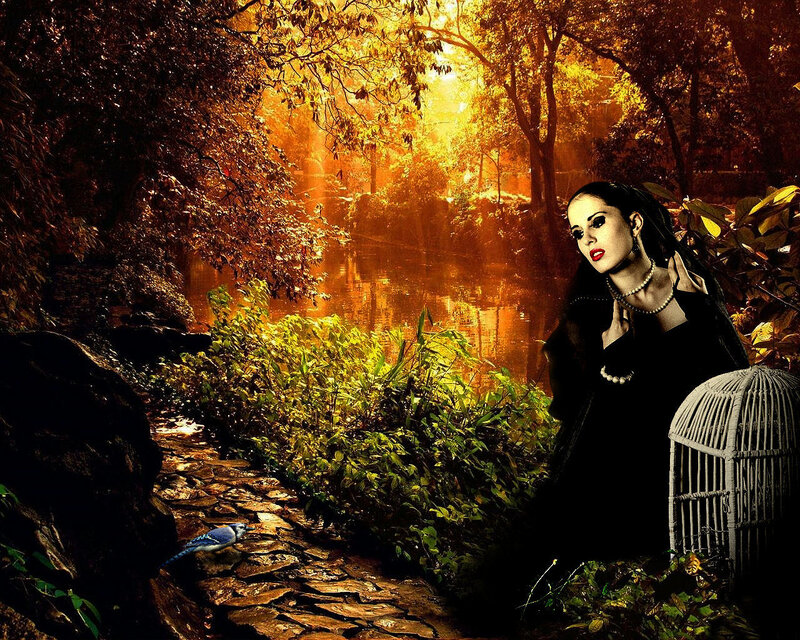 woman in forest with birdcage