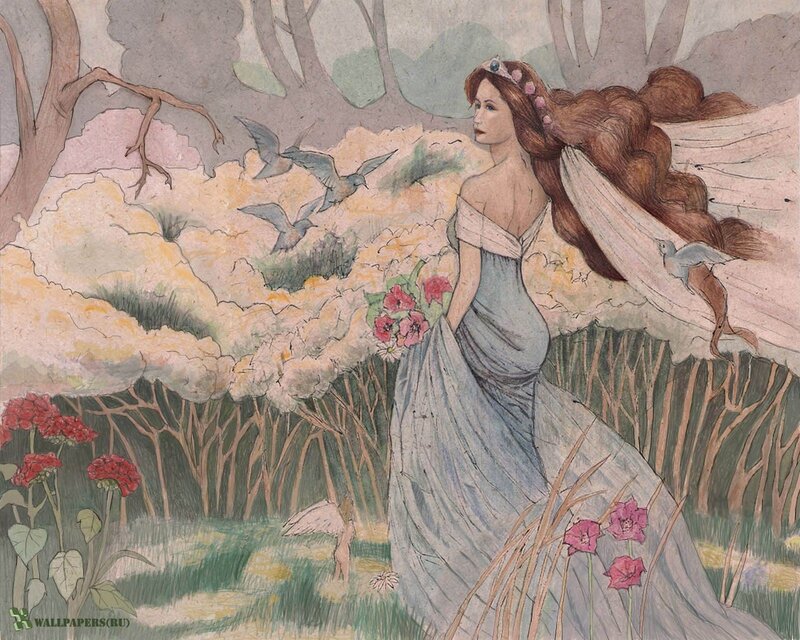 woman in forest with birds