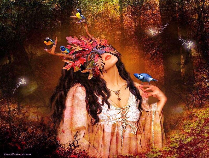 woman in forest with birds