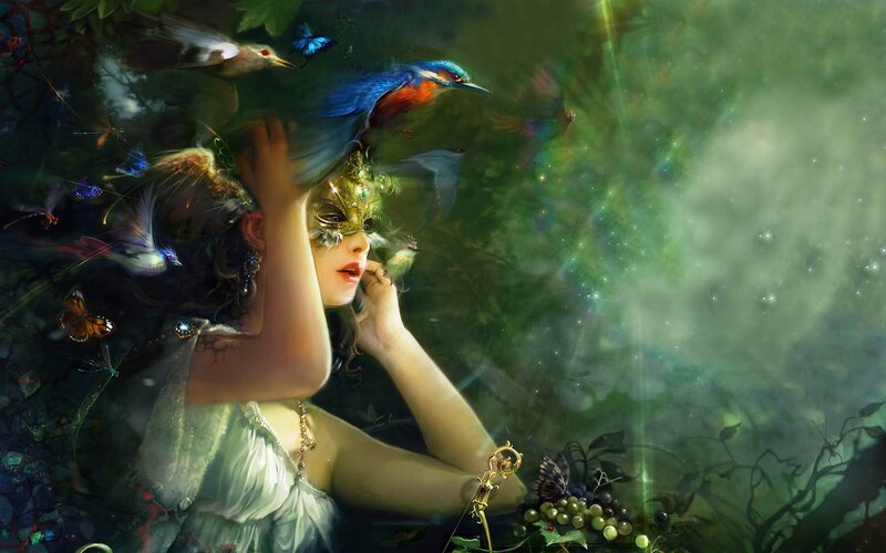 Woman in Forest with Birds — Green