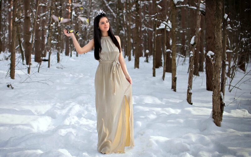 Woman in Forest with Birds — White