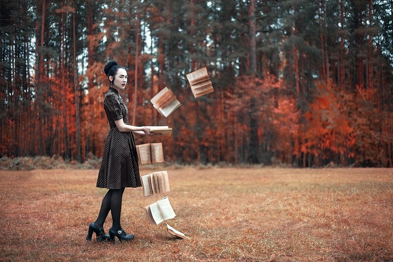 Woman in Forest with Books — Brown